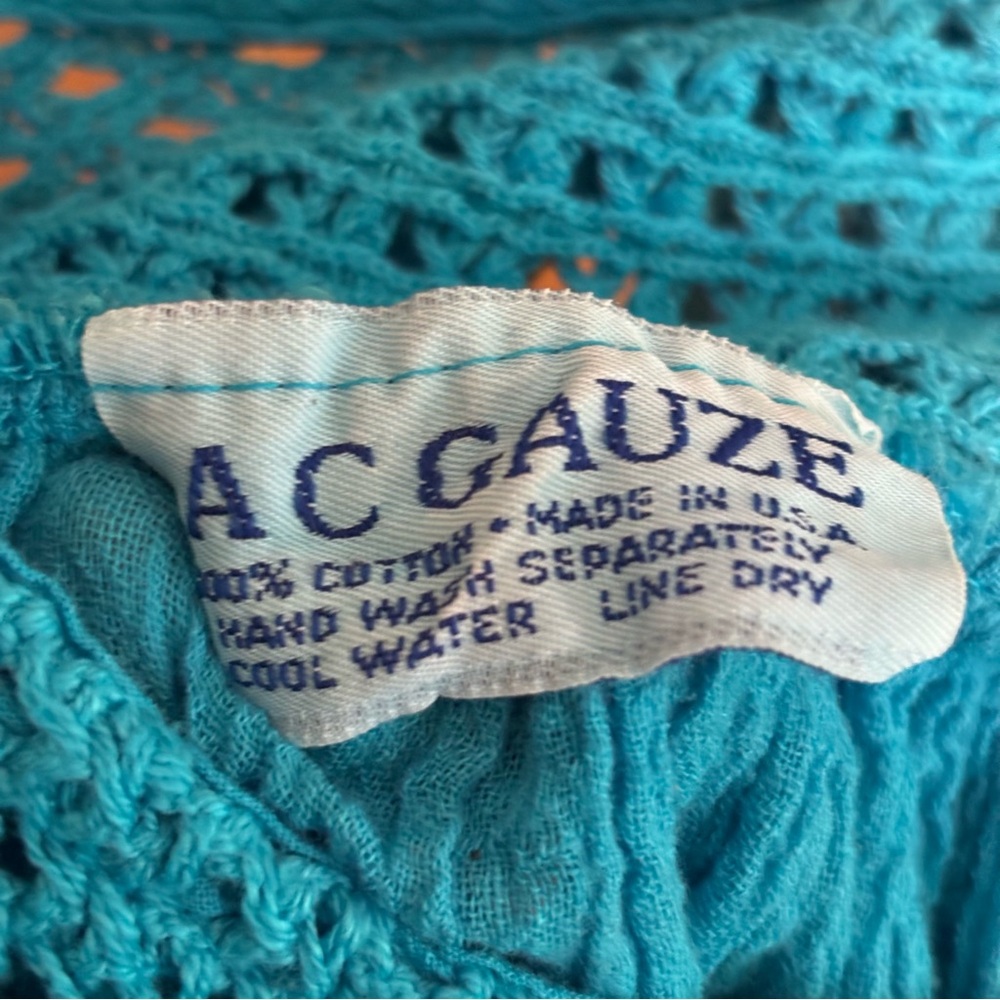 Vintage AC Gauze 70s Turquoise Boho Dress Crochet Bib Flowy 100% Cotton - Picture 5 of 5